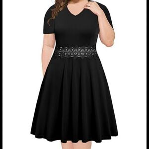 Bedoar Short Sleeve Black Pocketed Swing Dress with White Lace Size 26 Dress
